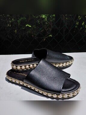 Black Pearl-Trim Slide Sandals by